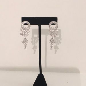Silver Tone Statement Earrings W/Shiny Rhinestones